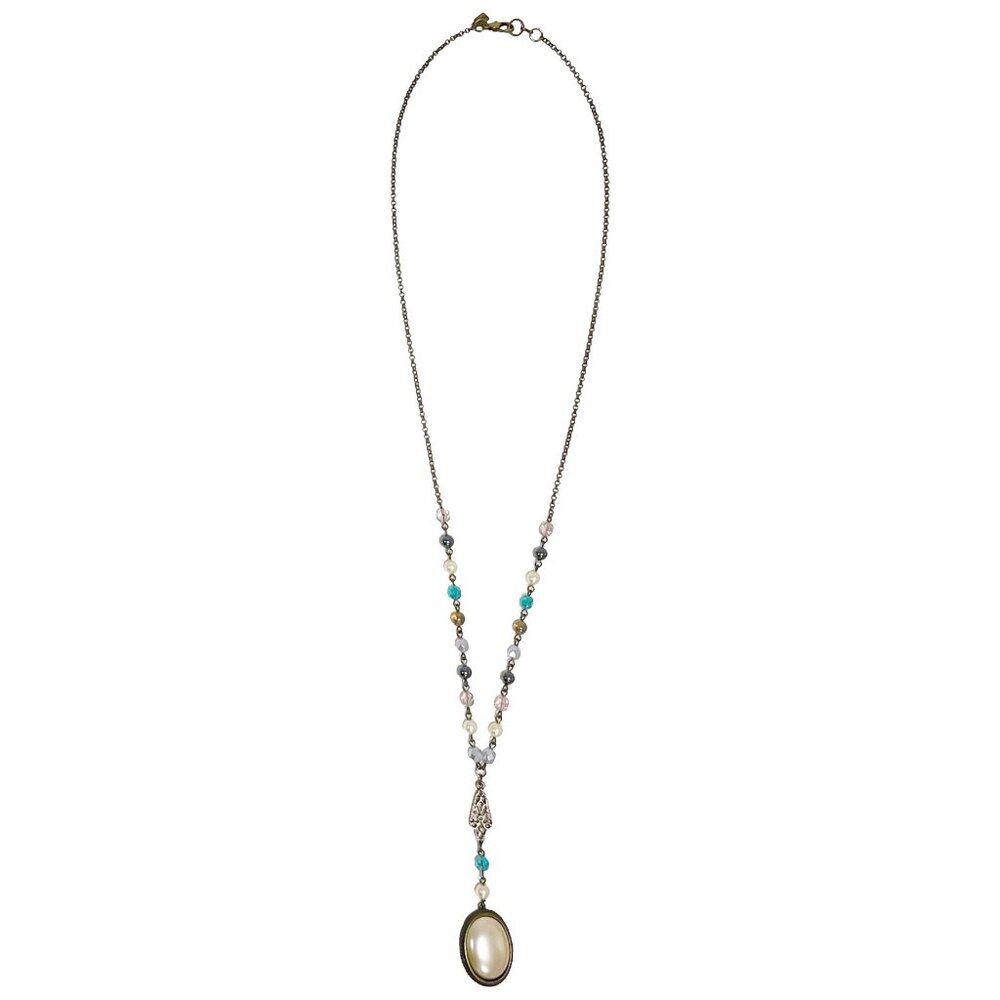 Vintage-Inspired Beaded Pendant Necklace Faux Pearl Turquoise Gold Tone RACHEL